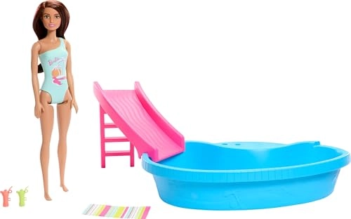 Doll - Brunette Seafoam Blue One-Piece Swimsuit + Pool Playset - Pool Slide Ages 3+