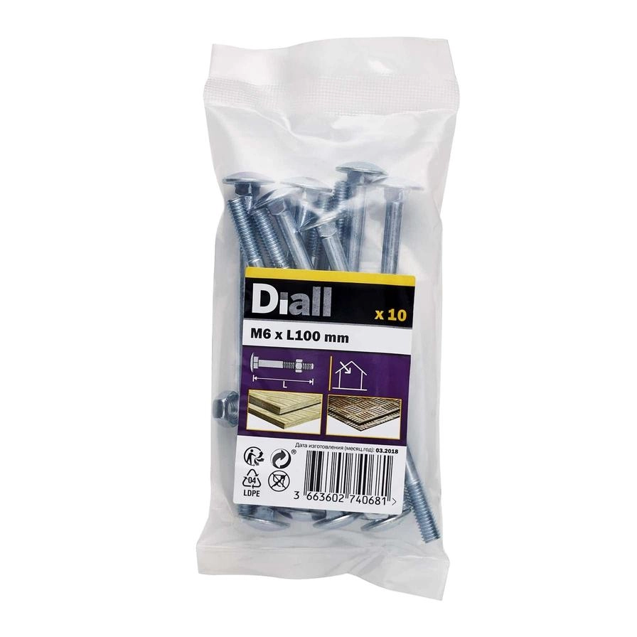 Diall Zinc-Plated Carbon Steel Square Coach Nut & Bolt Pack 6mm 100mm