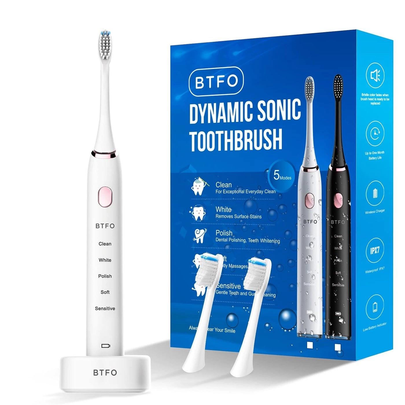 BTFO Sonic Electric Toothbrush - 5 Modes 2 Brush Heads USB Rechargeable