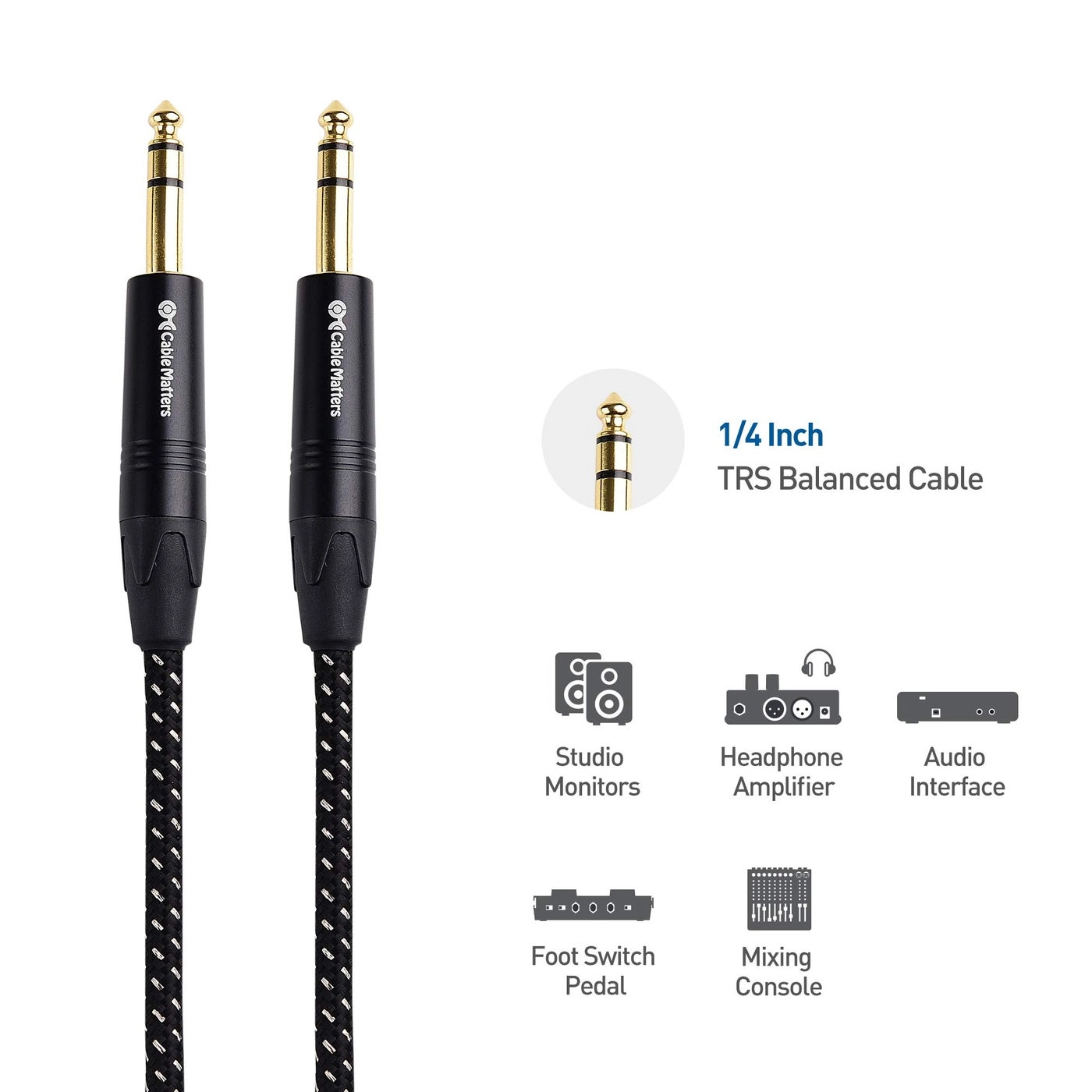 Premium Braided Balanced 1/4 Inch TRS Cable - 25 ft