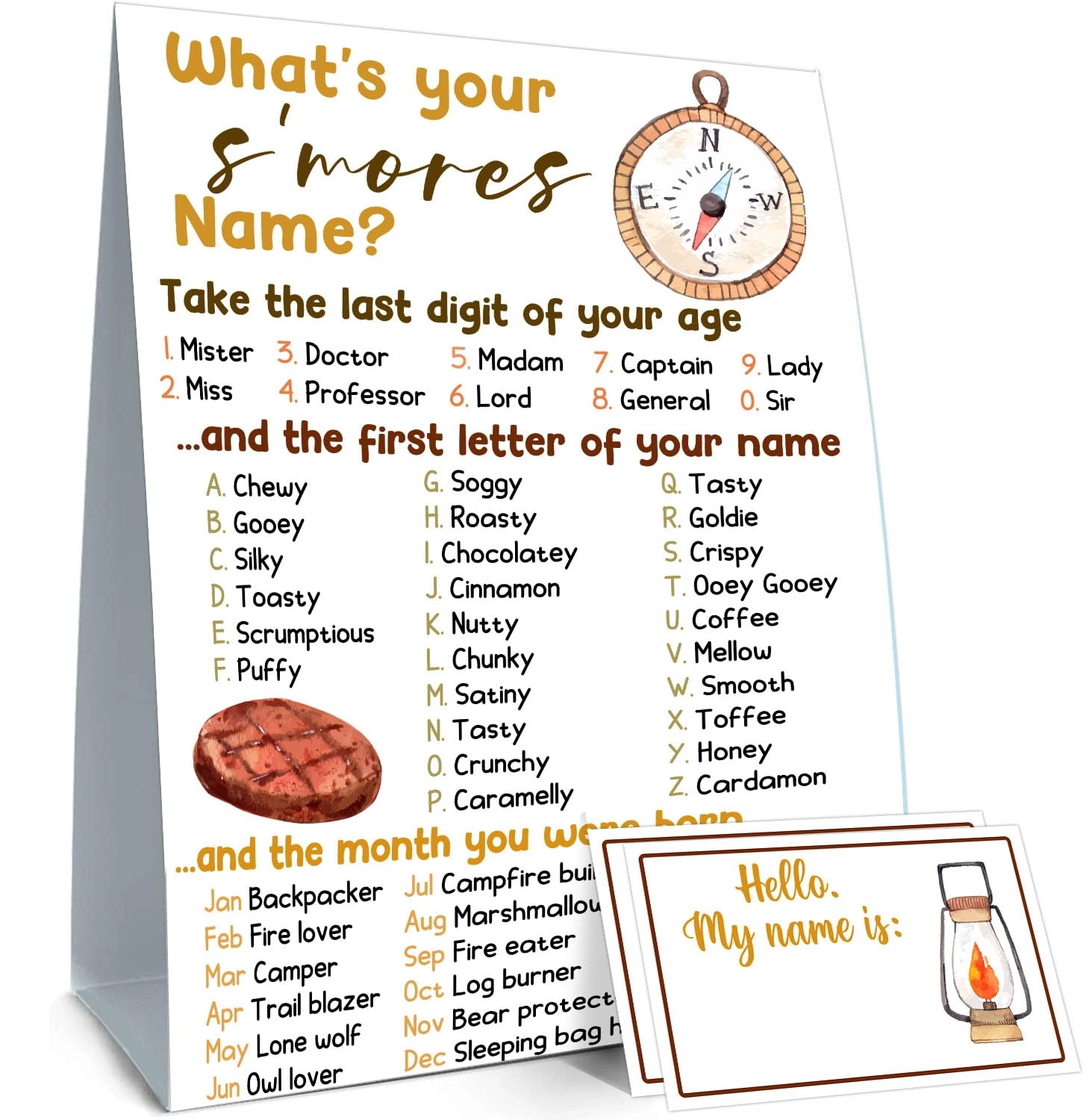 BirtDerr What's Your S'Mores Name Game - 1 double-sided printed sign and 30 stickers Birthday