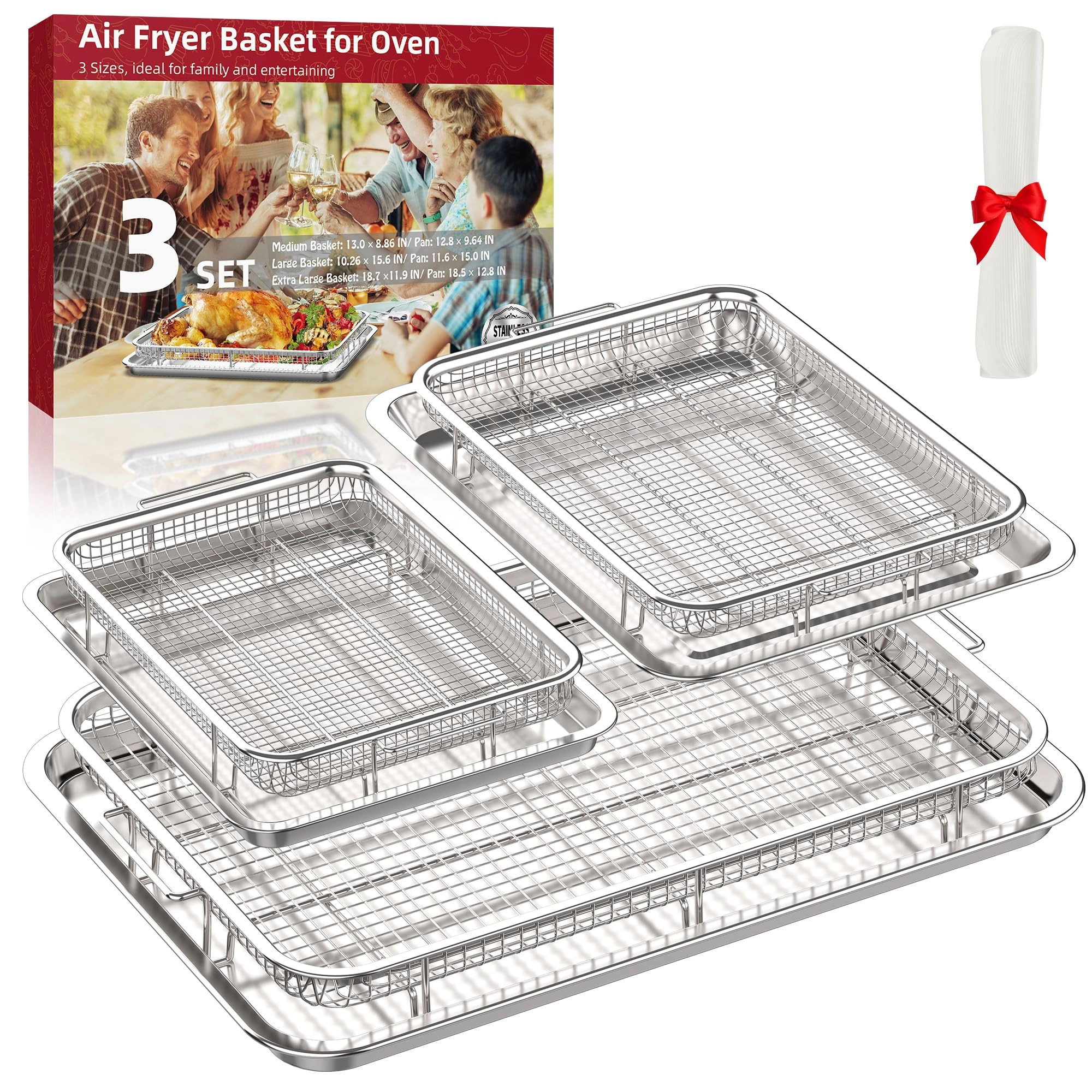 OPENICE Oven Air Fryer Basket and Tray - Stainless Steel Set of 3