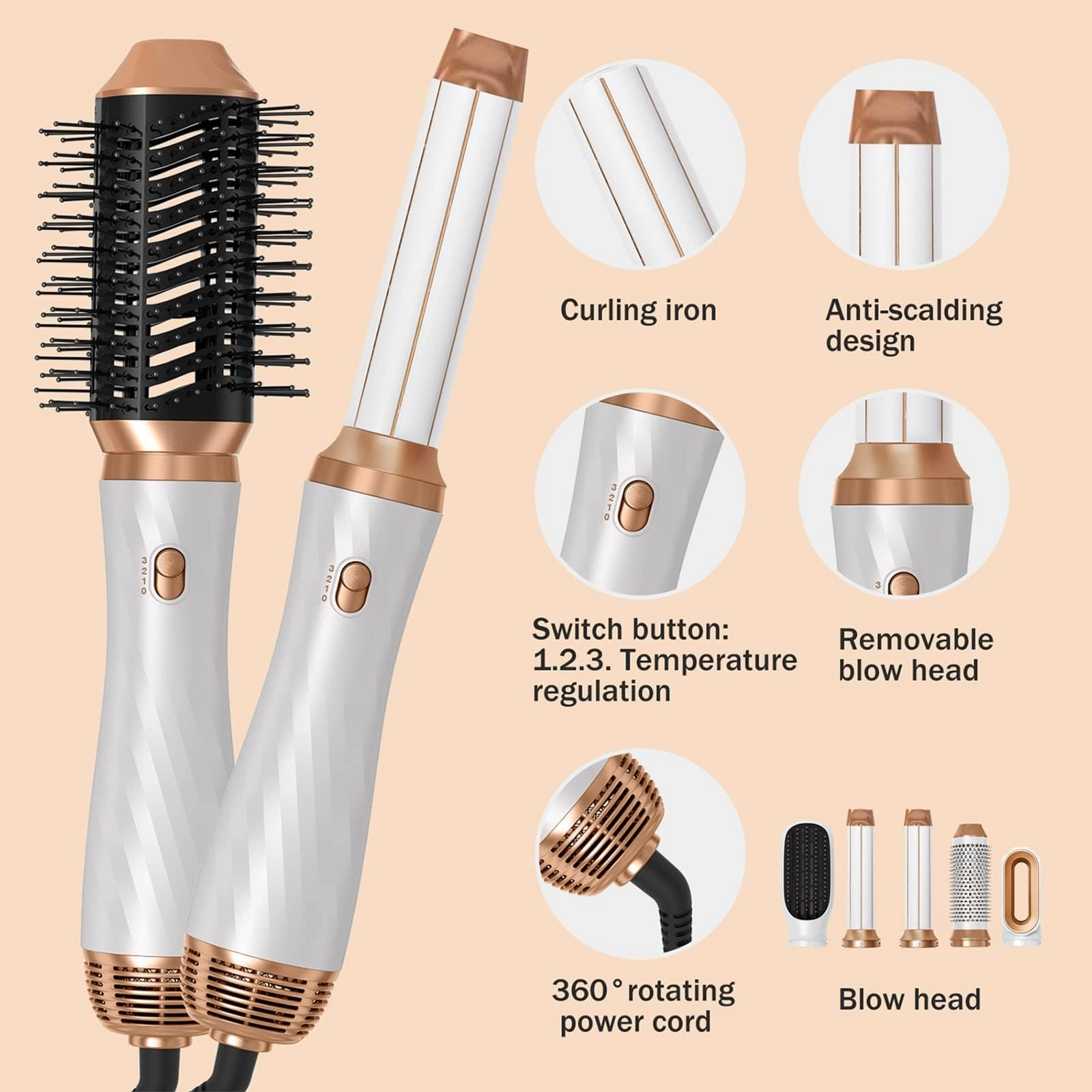 6 in 1 Hair Dryer Brush - 700 watts Gold