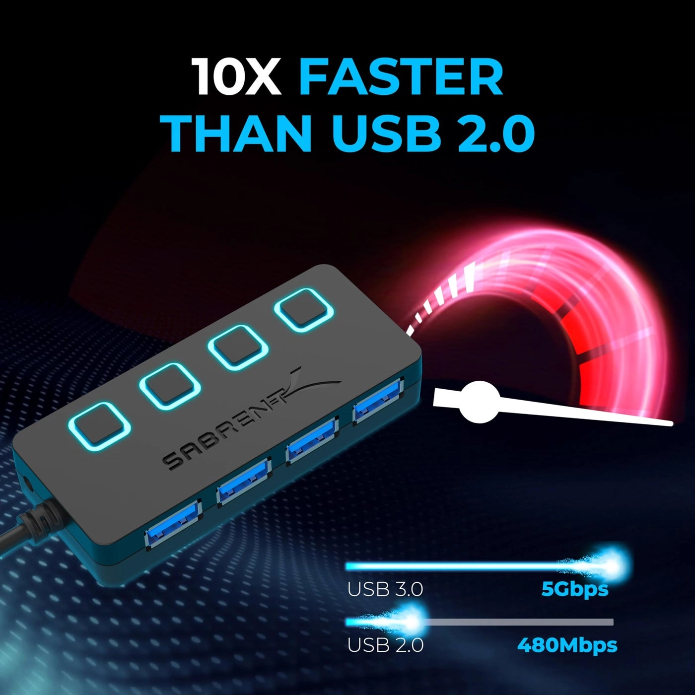 4 Port USB 3.0 Hub - Individual Power Switches 5V/2.5A Power Adapter