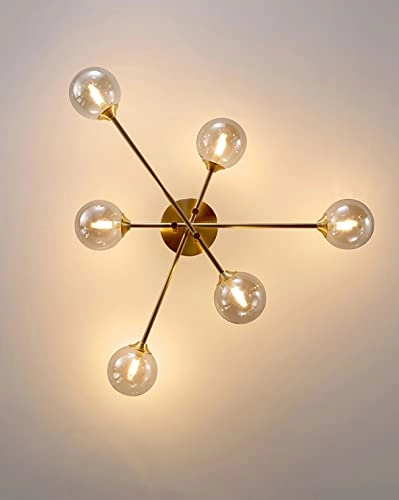 6 Light Gold Amber Glass Chandelier - Warm White