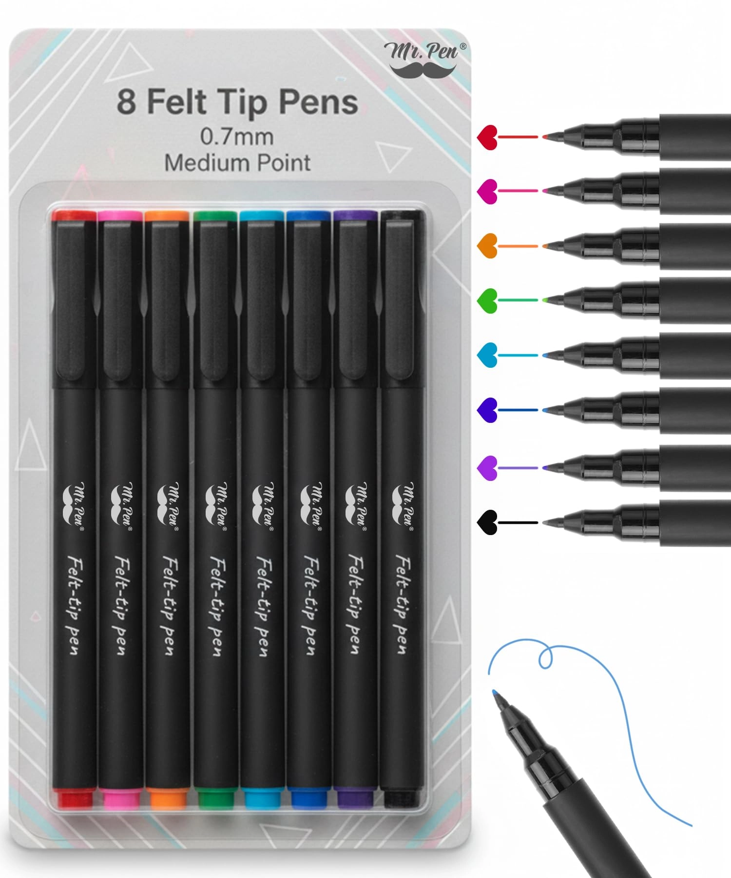 Felt Tip Pens - 8 Pack Multicolor 0.7mm
