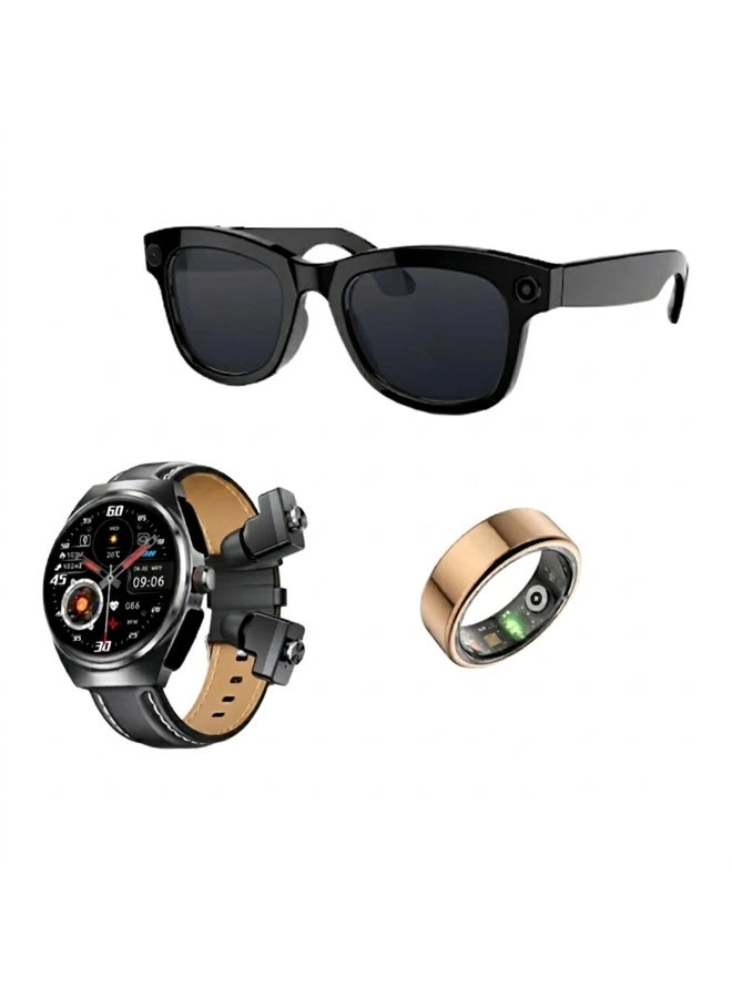 Merlin Smart Ring Active - 24/7 health tracking + Actilife Smart Watch - built-in TWS earbuds + Ai Vision Pro Smart Glasses - AI camera