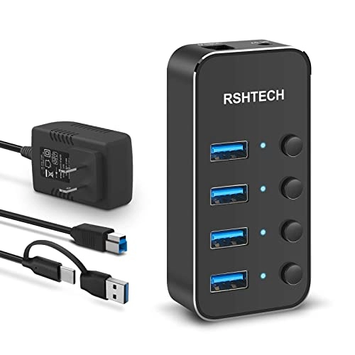 Rshtech 4 Port Powered USB 30USB C Hub - 33 ft 2in1 cable DC 5V Individual Switches