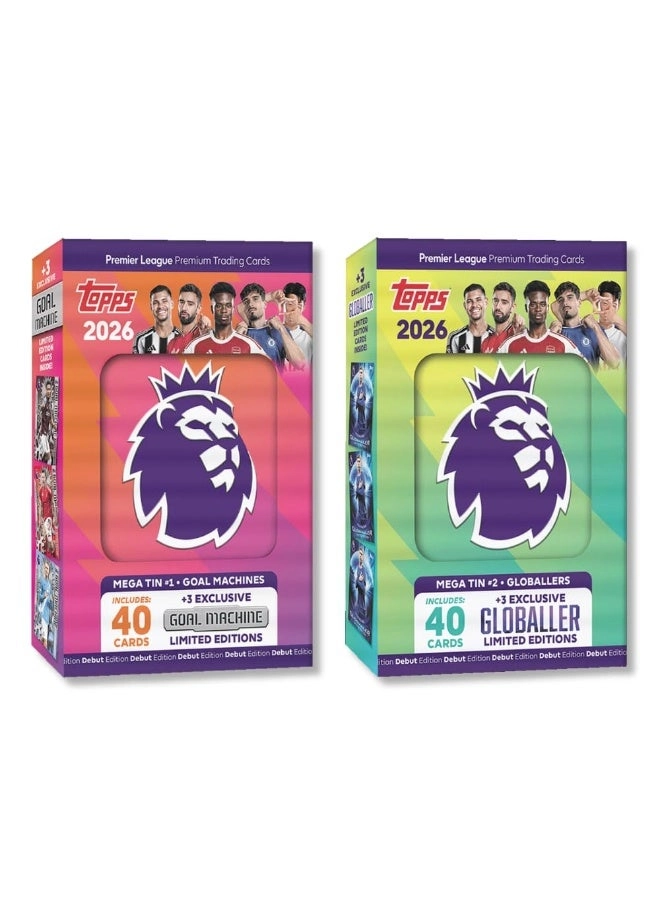 Topps Premier League 2026 - Debut Edition - Mega Tin 1 (Goal Machines) + Premier League 2026 - Debut Edition - Mega Tin 2 (Globallers)