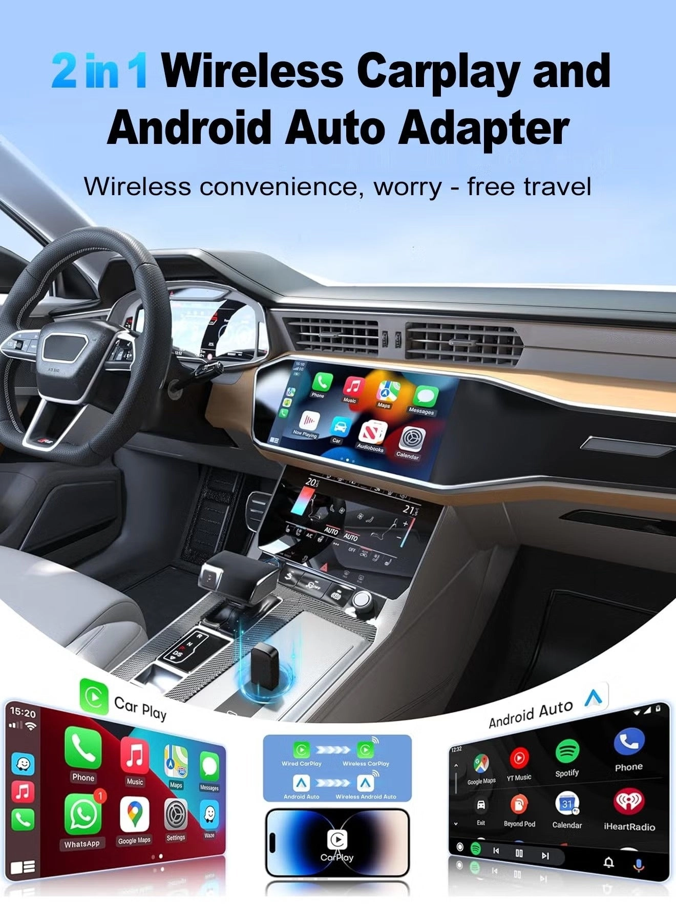Wireless CarPlay & Android Auto Adapter - 2-in-1 Plug & Play Dual-Band