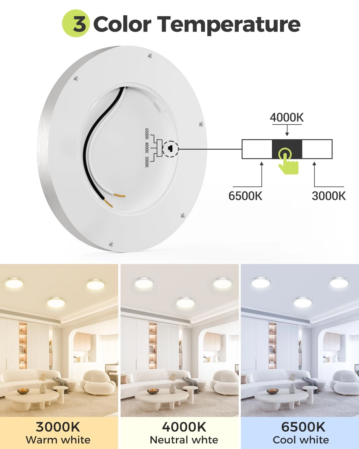 Flush Mount LED Ceiling Light - 3000K 4500K 6000K Dimmable