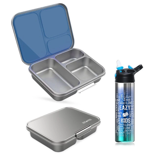 3 Compartment Bento Steel Lunch Box - 1750ml + Stainless Steel Water Bottle - 530ml