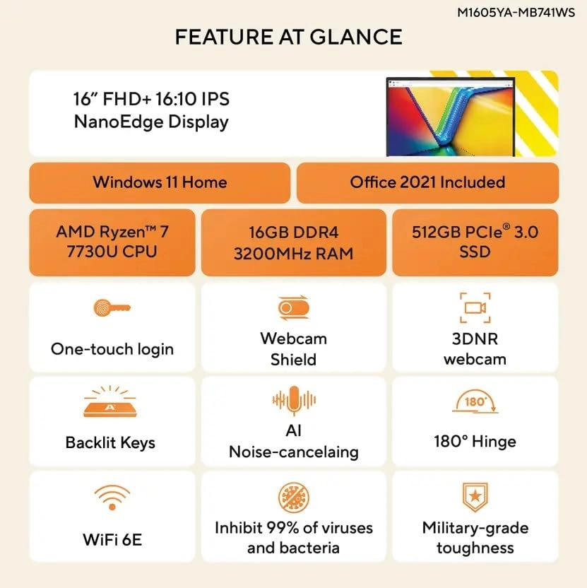 Vivobook 16 M1605YA - 16'' Ryzen 7-7730U 8GB DDR4 512GB SSD