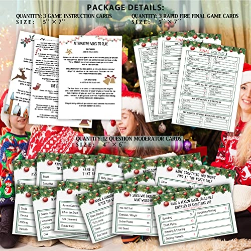 Christmas Friendly Feud Quiz - 3 game instruction cards 12 question moderator cards 3 quick final rounds game cards