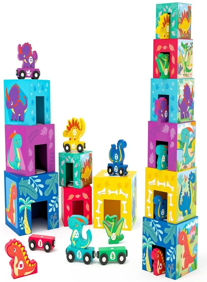 Toyssa Wooden Dinosaur Sorting and Stacking Toys - 1-3
