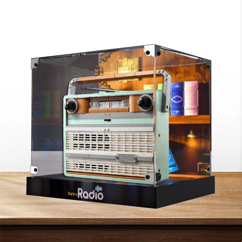 Clear Acrylic Display Case for Lego Icons 10334 - 25x15x30cm Acrylic Walnut Bottom+background