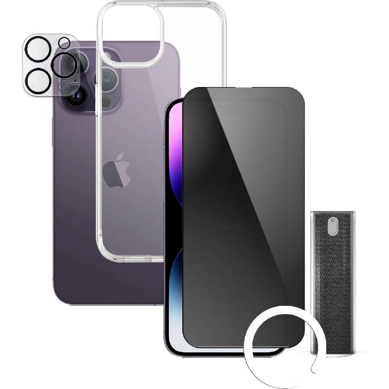Clear Case + Tempered Glass + Camera Lens Cover + Anti-bacterial Spray for iPhone 15