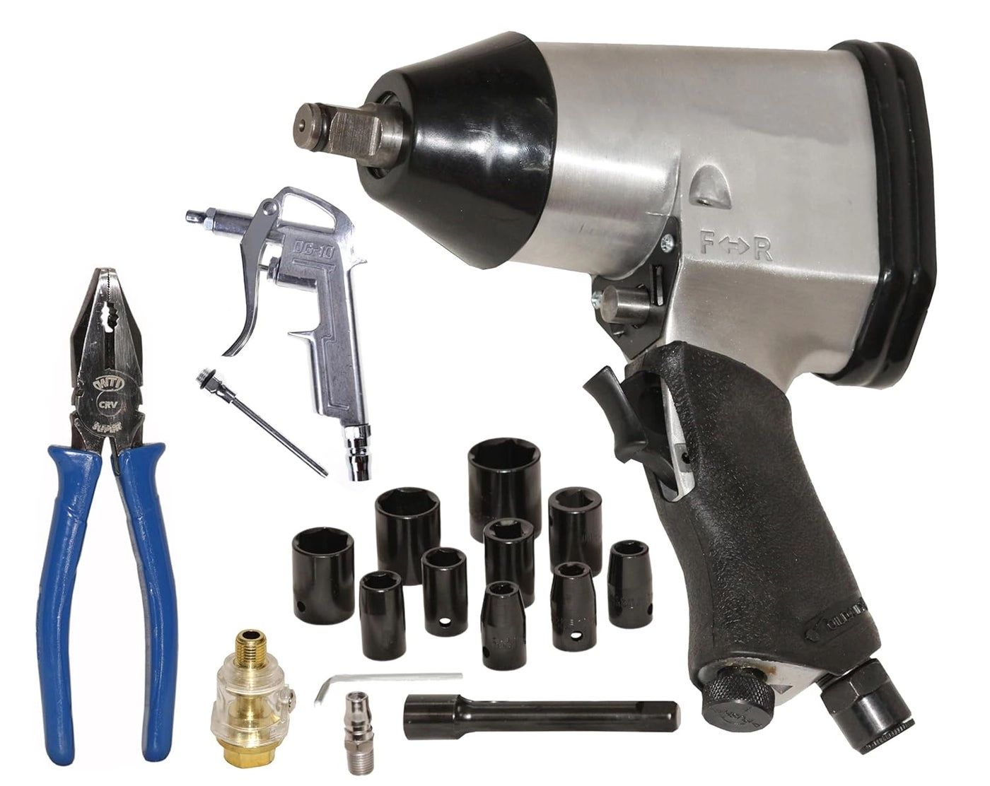 Pneumatic Impact Wrench - 12 + Air Blow Gun + Hammer - 200gm + Socket Set - 10pc + Extension Bar - 927mm + Mini Oiler + Air Nipple