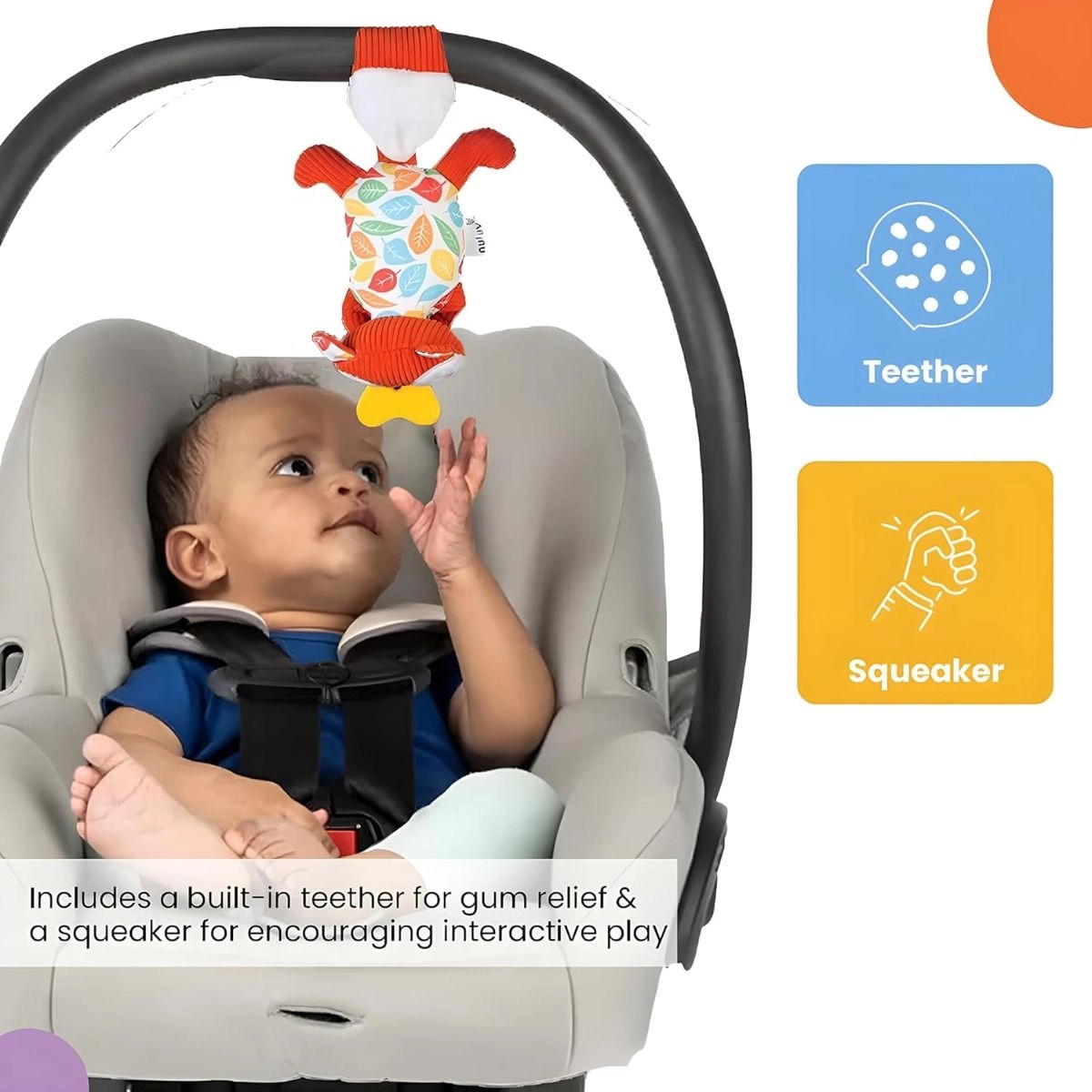 Squirrel Hanging Cot Stroller Teether Toy - Orange 3 Months