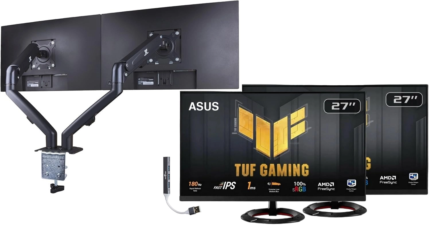ASUS TUF Gaming - 1920x1080 27 Inches + DKZ Hub + ErgoFlexy Dual Mount Arms