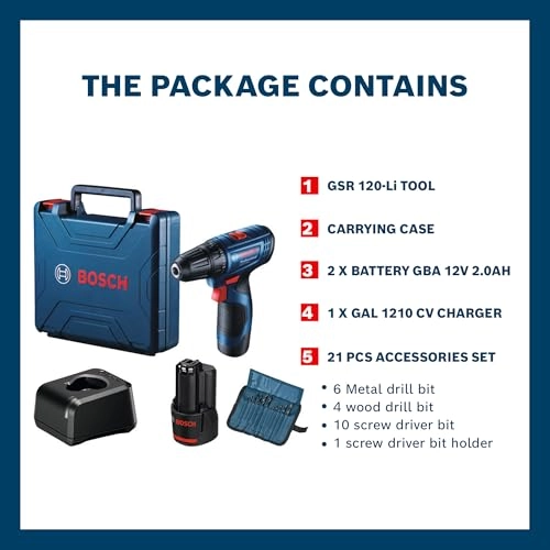 GSR 120 Li Professional - Cordless Drill Driver + GAL 1210 CV + GBA 12v 2.0Ah + Accessory Set + Carrying Case
