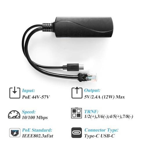 REVODATA Gigabit Type C PoE Splitter - 5V/2.4A 10/100/1000Mbps IEEE 802.3 af 1 RJ45
