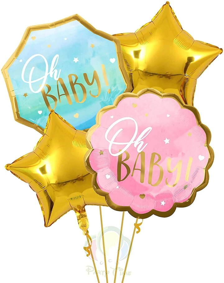 Party Time Trading LLC Oh Baby Foil Balloon + Gold Star Foil Balloon - 4-Pieces Baby Shower