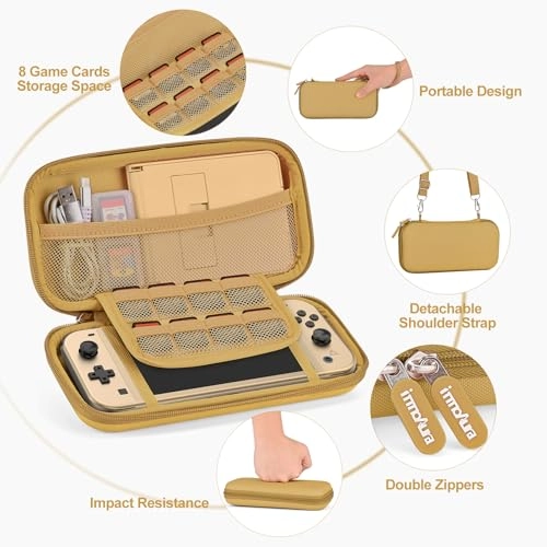 Switch Lite Carrying Case + Case Protector + Tempered Glass Screen Protector + Thumb Grips + Game Card Holder + Embroidery Sticker + Pendant + Stylus + Shoulder Strap + Wristband + Sticker - 18 in 1 Brown