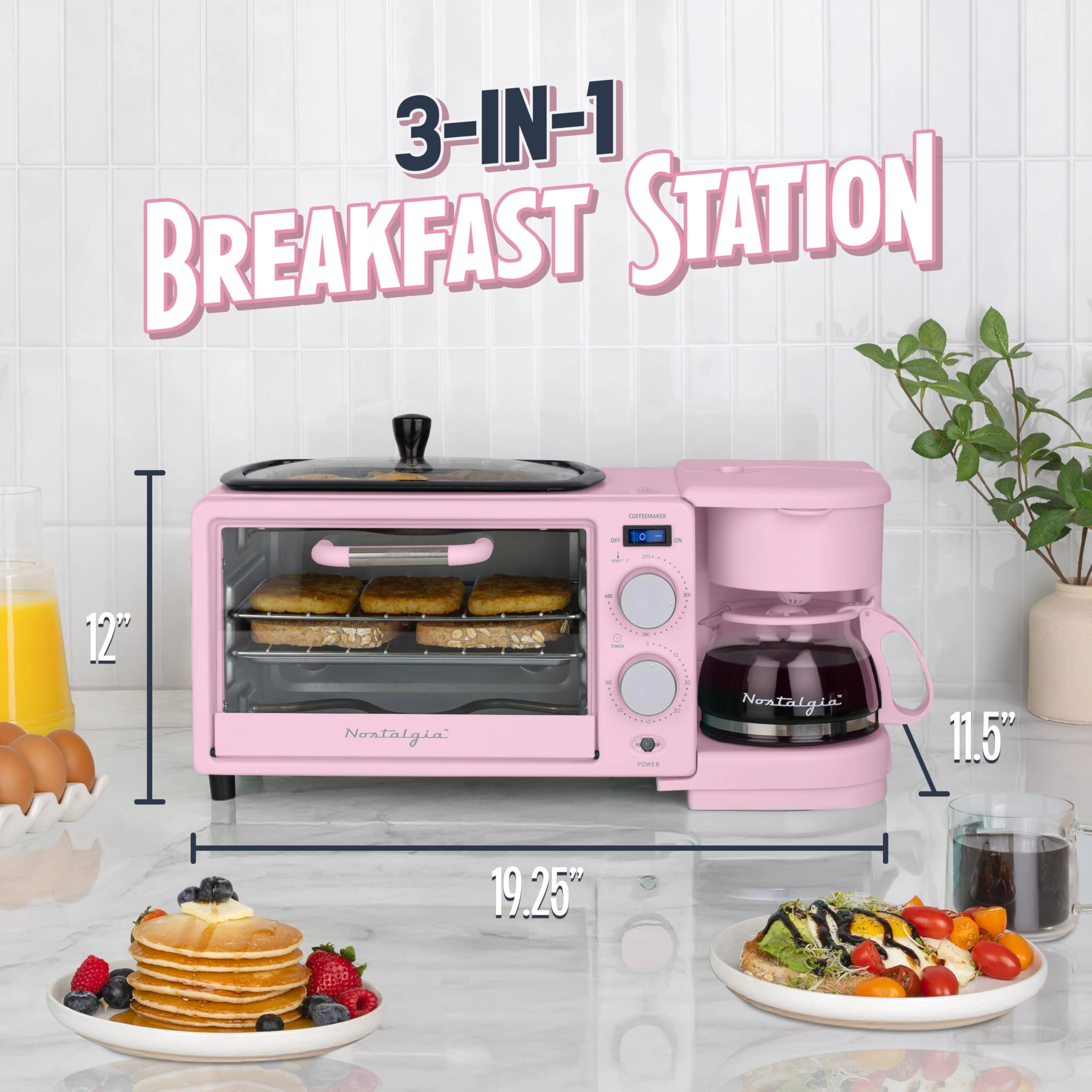3-in-1 Retro Breakfast Station - 5 Cups Non-Stick Ceramic Griddle 4-Slice Toaster Oven