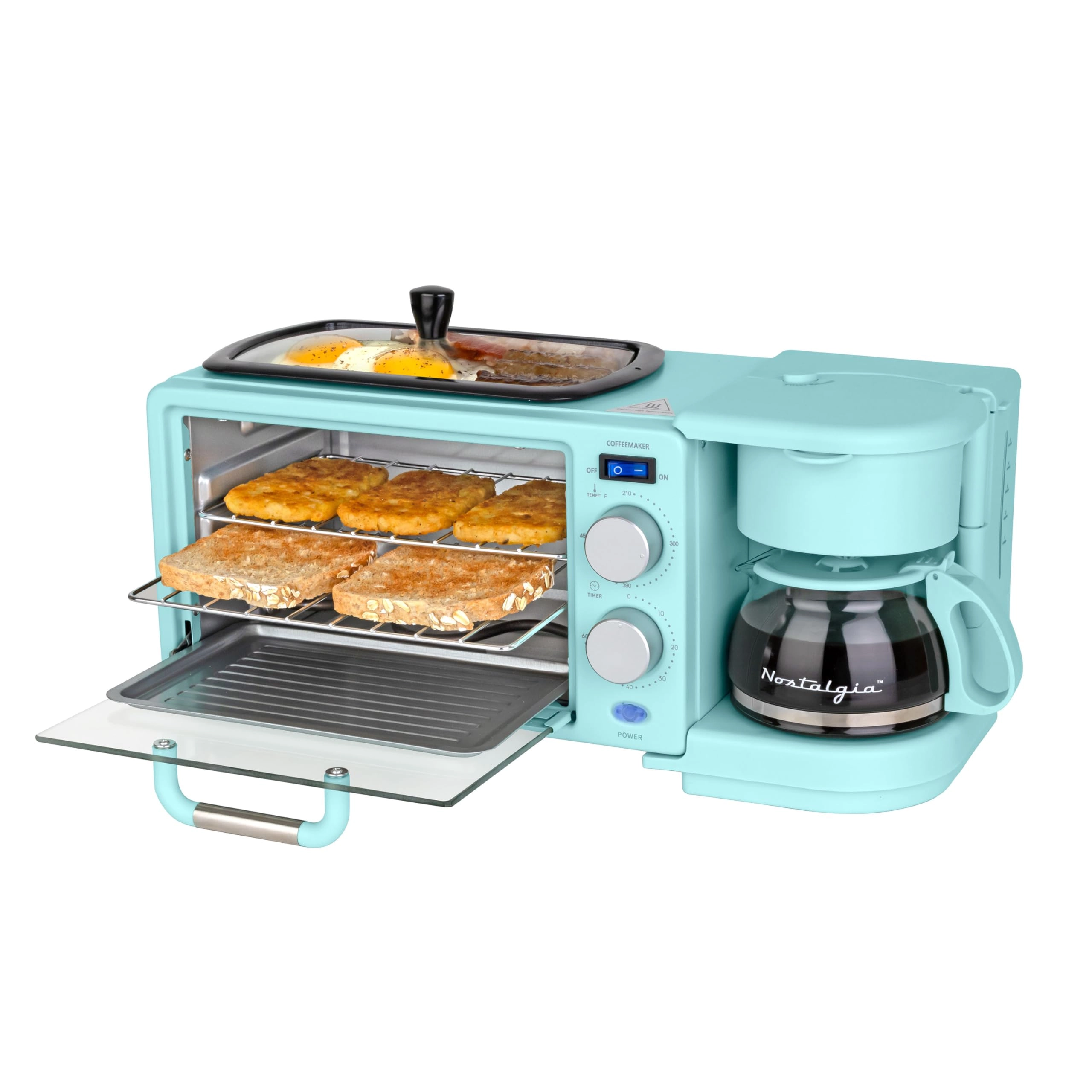 3-in-1 Retro Breakfast Station - 5 Cups Non-Stick Ceramic Griddle 4-Slice Toaster Oven