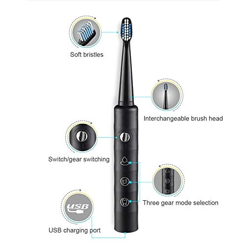 Sonic Toothbrush - 4 Brush Heads 3 Modes Black