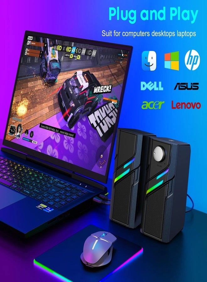 Computer Speakers - Easy Knob Touch Lights USB AUX Plug and Play