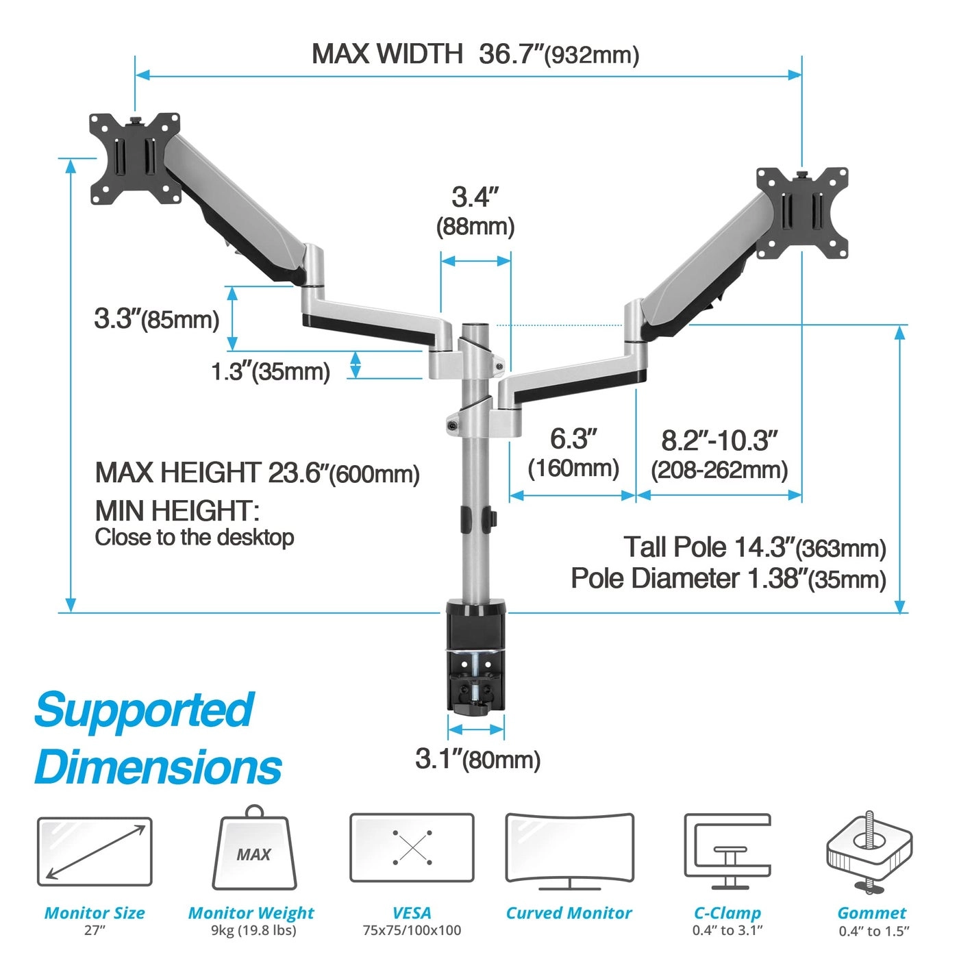 Vertical Ultrawide Monitor Mount Stand - Dual 38-inch VESA 75x75mm 100x100mm