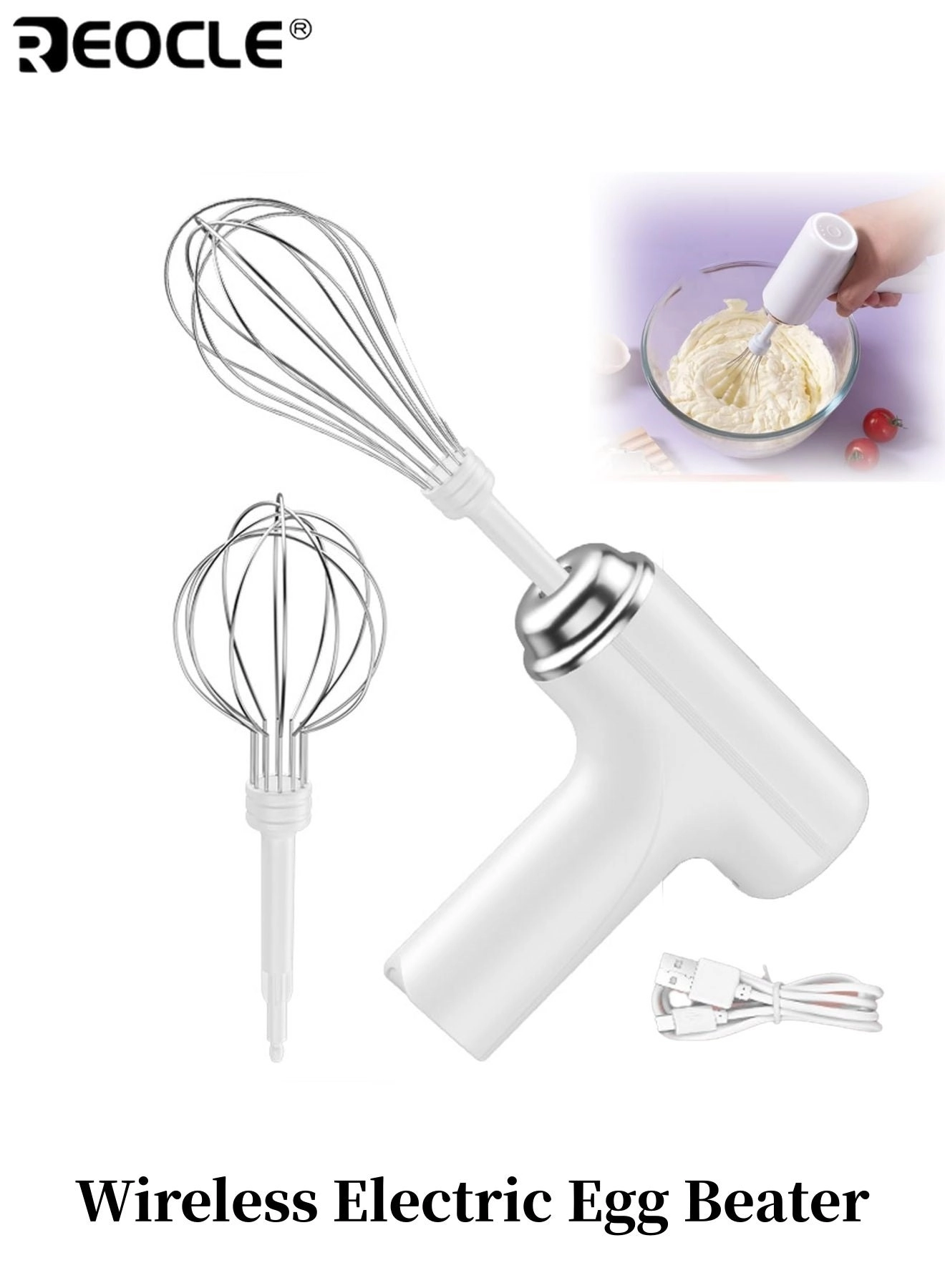REOCLE Electric Egg Beater - USB Cordless Operation Stainless Steel