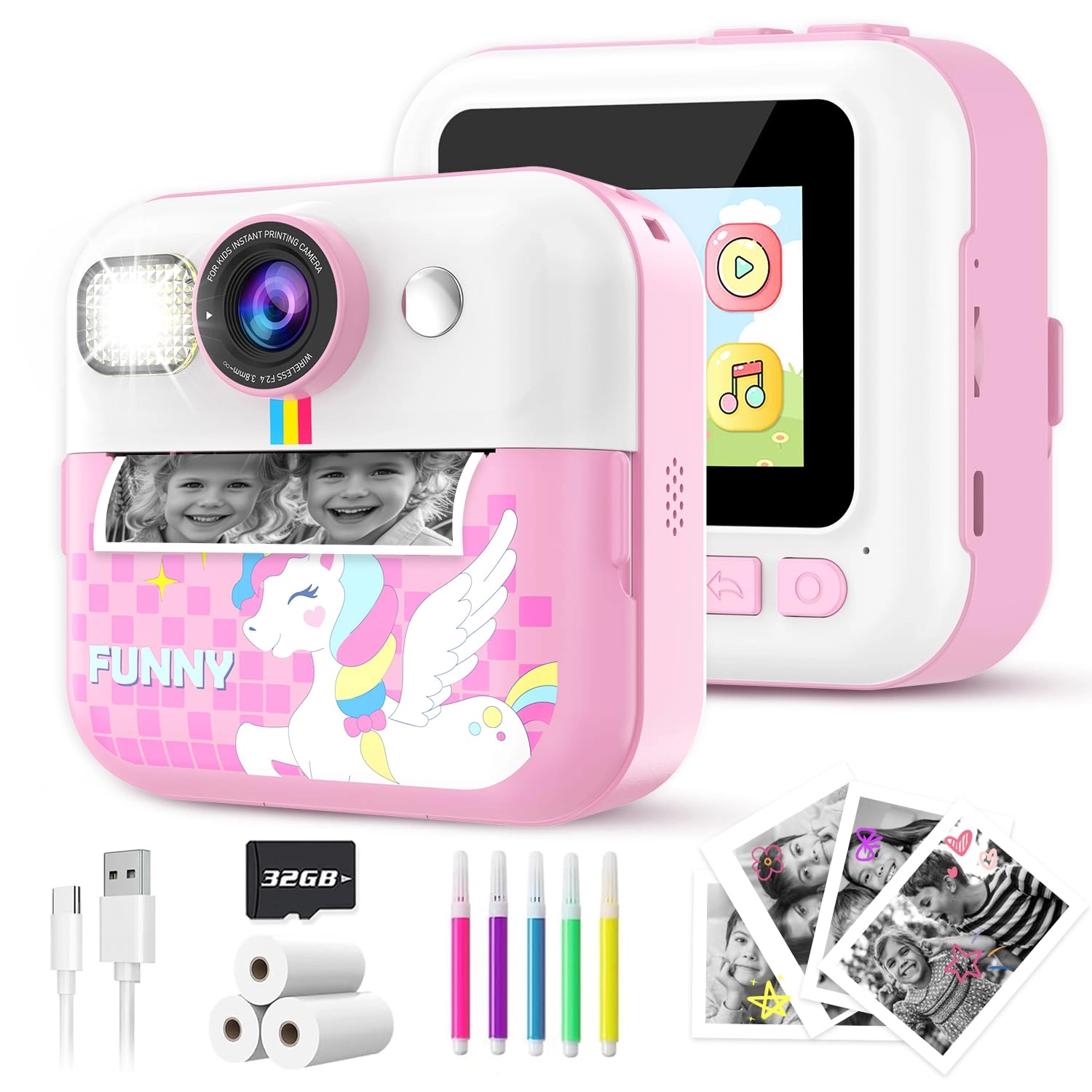 SUKILO Kids Instant Print Camera - 1080P 32GB Pink
