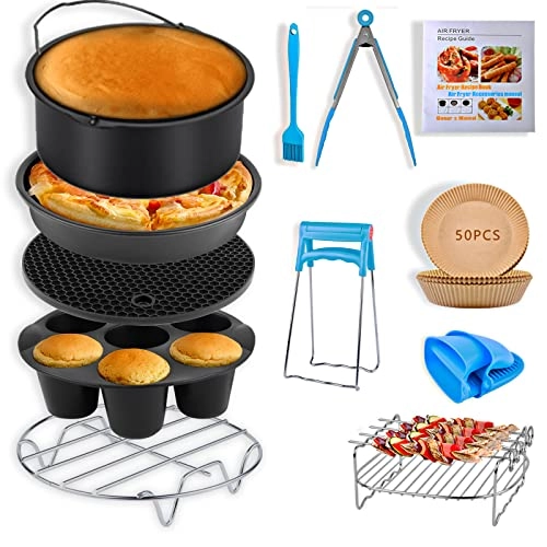 Cake Barrel + Pizza Pan + Cupcake Pan + Metal Holder + Skewer Rack + Silicone Mat + Food Tong + Oil Brush + Air Fryer Liners + Plate Gripper + Silicone oven gloves + Air Fryer Recipe Cookbook - Food grade 304 stainless steel and silicone 12 pcs