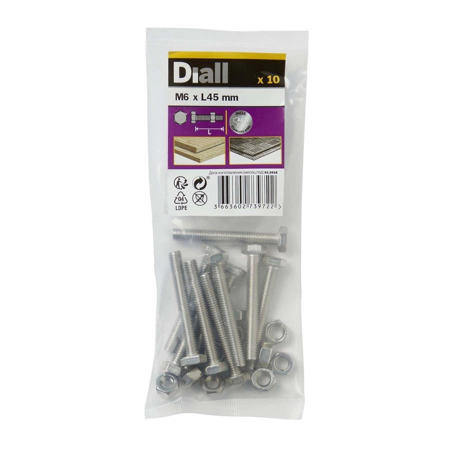 Diall Hex Stainless Steel Bolt & Nut - 45mm M6