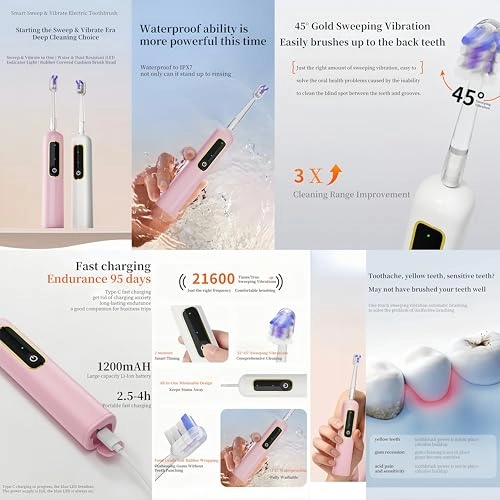 Sonic Toothbrush - 3 Brush Heads 4 Adjustable Modes 90 Days Battery