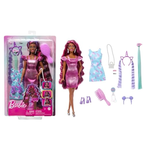 Barbie Fun and Fancy Hair - Extra-Long Colorful Brunette Hair Shimmery Pink Dress 10 Hair and Fashion Play Accessories Ages 3+