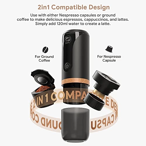 Portable Espresso Maker - 120 Milliliters N espresso capsules and ground coffee