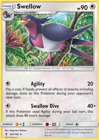 Pokémon Pokemon Swellow 104/145 - English - Guardians Rising Rare + Toploader - Standard sized