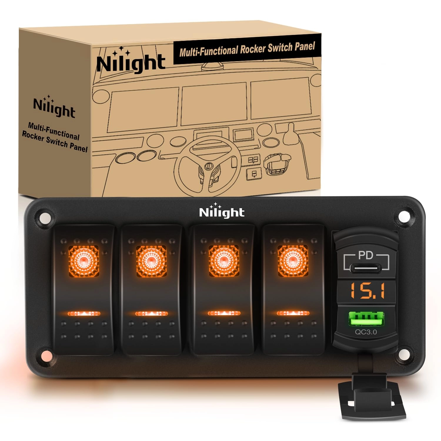 Nilight 4 Gang Rocker Switch Panel - PD Type C USB Charger Voltmeter