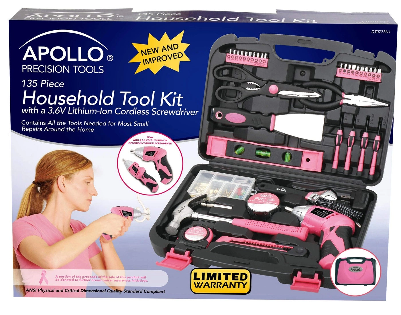 Household Hand Tools Set - 135 Piece Pink 3.6V Lithium-Ion Cordless Screwdriver