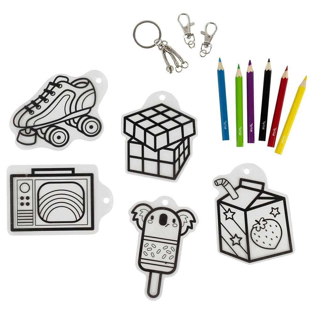 Shrinkorama - 5 pre-cut bag tag designs 3 keychains 6 coloured pencils