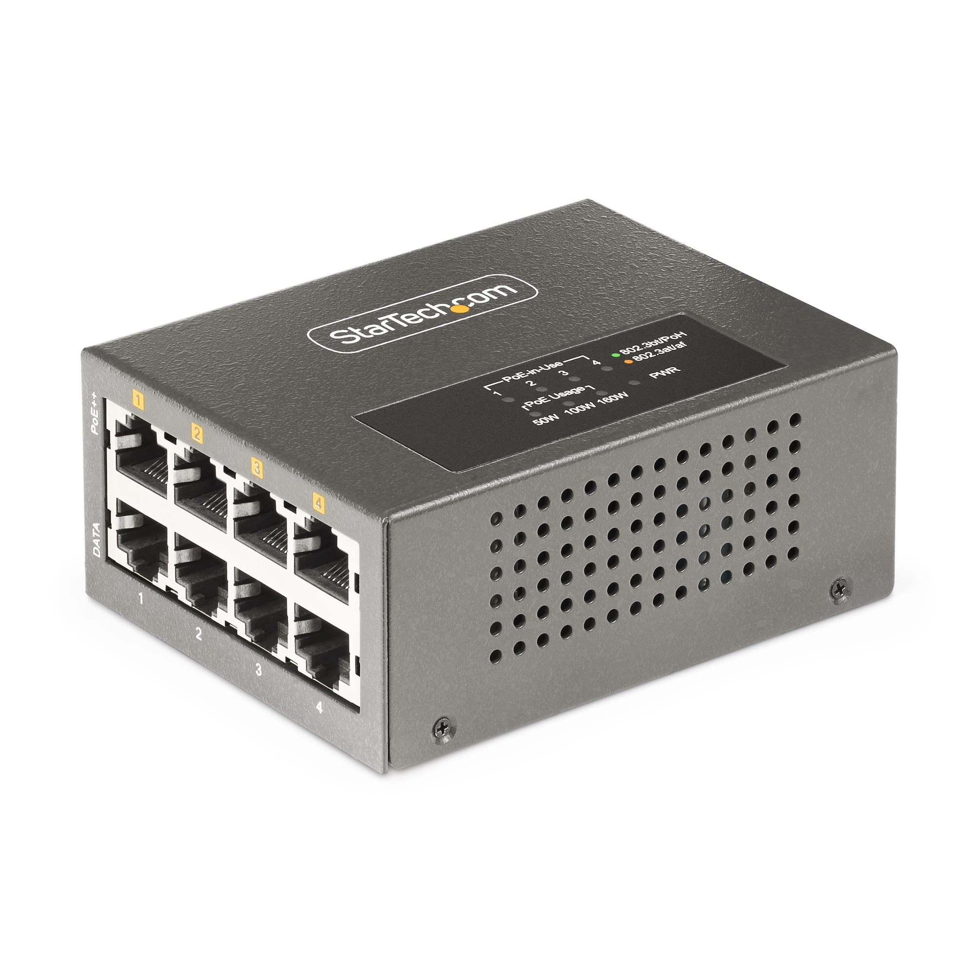 StarTech.com 4-Port Multi-Gigabit PoE++ Injector - 52 Volts 95 Watts 4 802.3af/802.3at/802.3bt 5/2.5/1Gbps 160 Watts