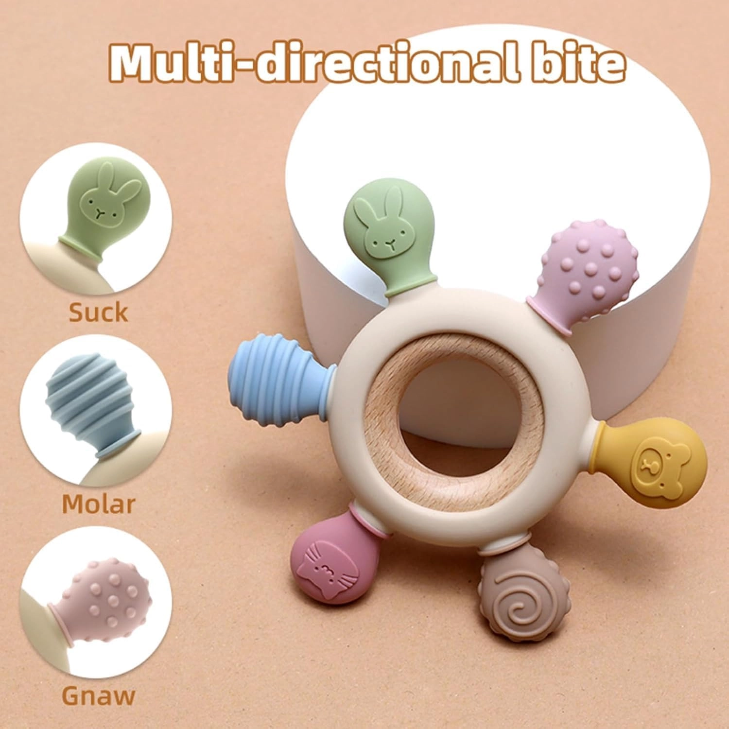 2 in 1 Teether - Beech Wood, Silicone