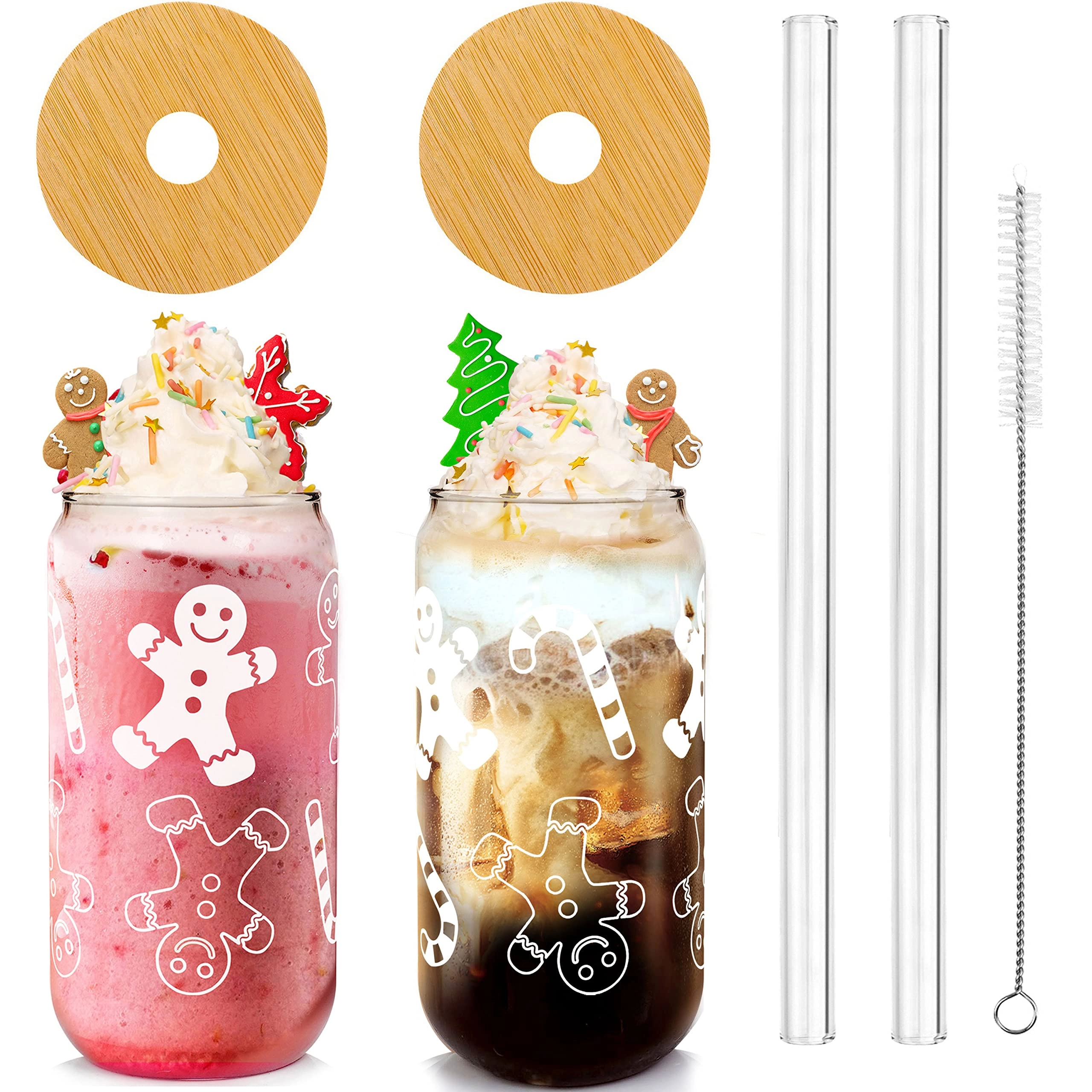 ANOTION Xmas Gingerbread Glass Tumbler - 2 pcs Cartoon Striped 532 ml