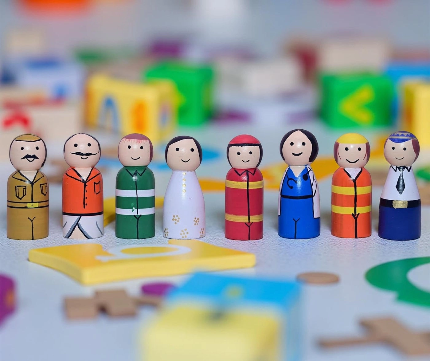 CHANNAPATNA TOYS Community Helpers Wooden Peg Dolls - 8 Pieces