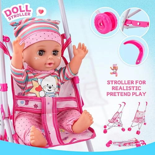 Baby Doll - 14Inch Soft Body + Stroller - Metal Foldable