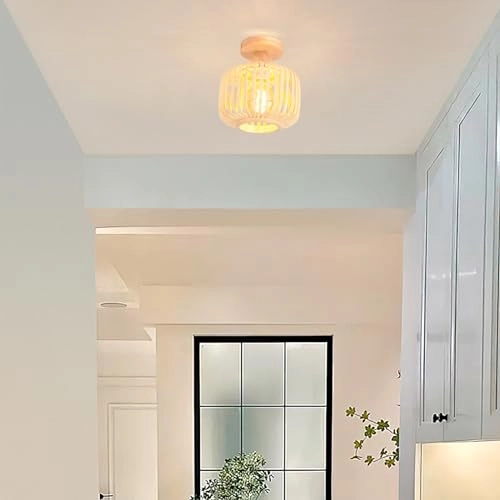 Retro Rattan and Wood Bohemian Design Ceiling Light